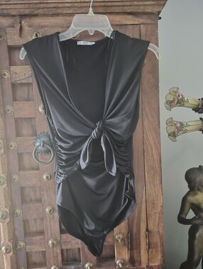 Zara Black Knot-Front Bandeau Bodysuit